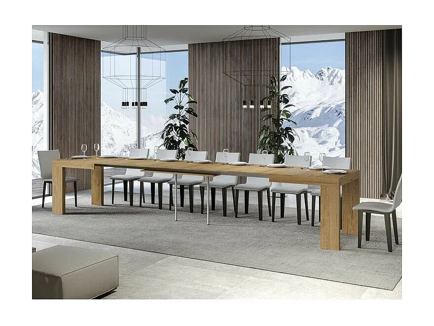 Table à manger extensible bois Ribo-Couleur Naturel-Sur roulettes-5 rallonges fines-180 à 440cm