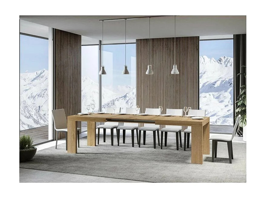 Table à manger extensible bois Ribo-Couleur Naturel-Sur roulettes-5 rallonges fines-180 à 440cm