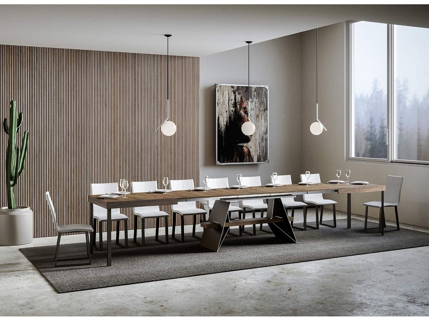 Grande table à rallonges bois foncé et pieds acier gris foncé 8 à 20 ...