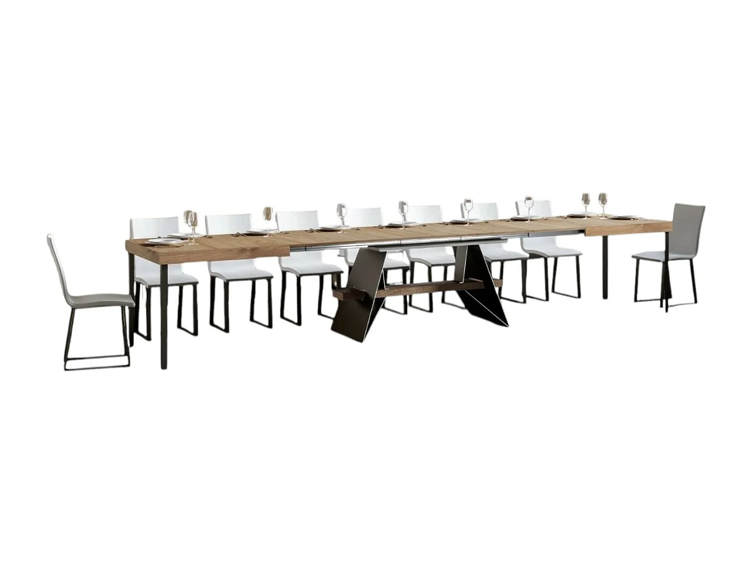 Grande table à rallonges bois clair et pieds acier gris foncé 8 à 20 places L 180 à 440cm Klaro