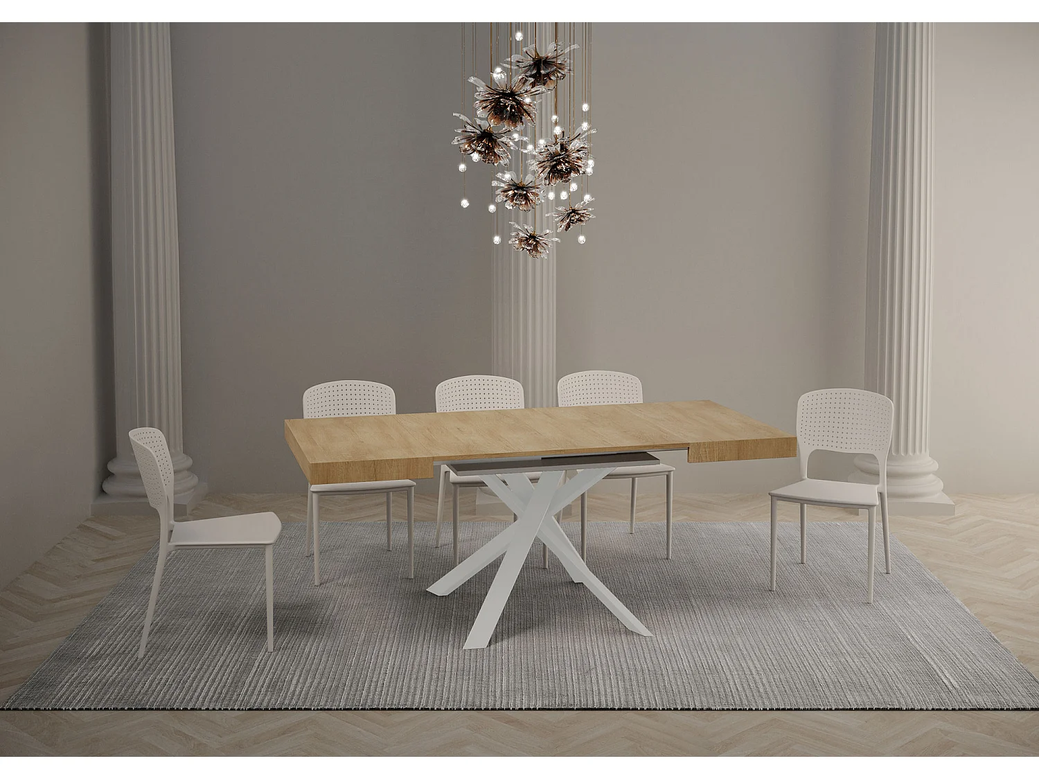 Kleine vierkante uitschuifbare tafel 90x90 tot 194 cm licht eiken en witte Karzy