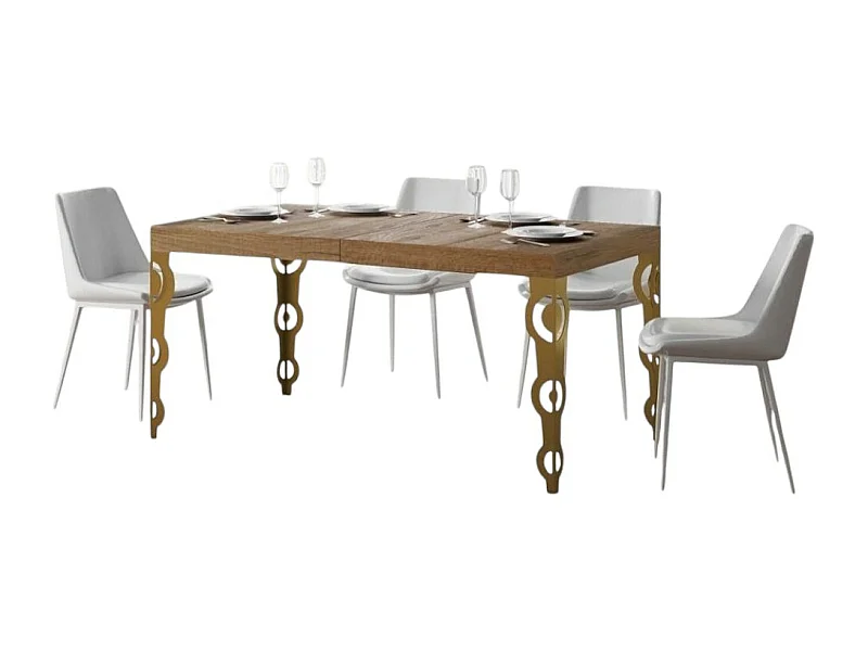 Table rectangulaire extensible orientale 6 à 10 personnes L 130 à 234cm bois clair et pieds métal doré Kazay