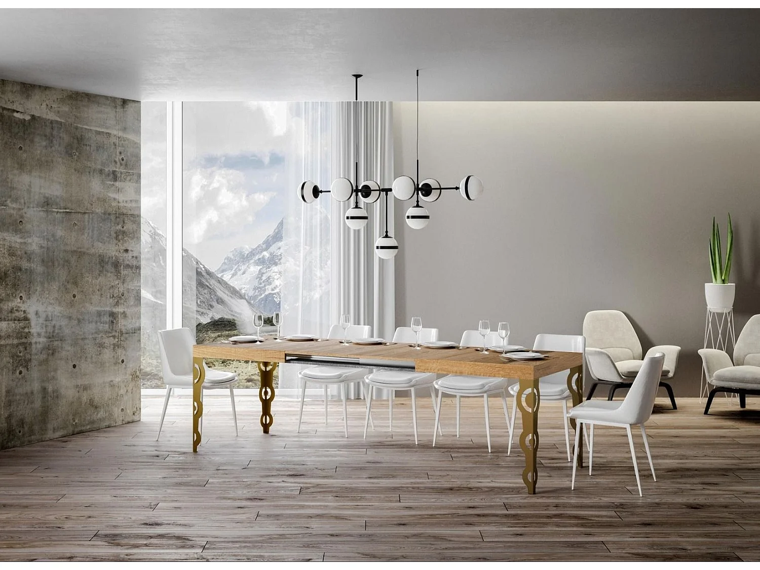 Table rectangulaire extensible orientale 6 à 10 personnes L 130 à 234cm bois clair et pieds métal doré Kazay