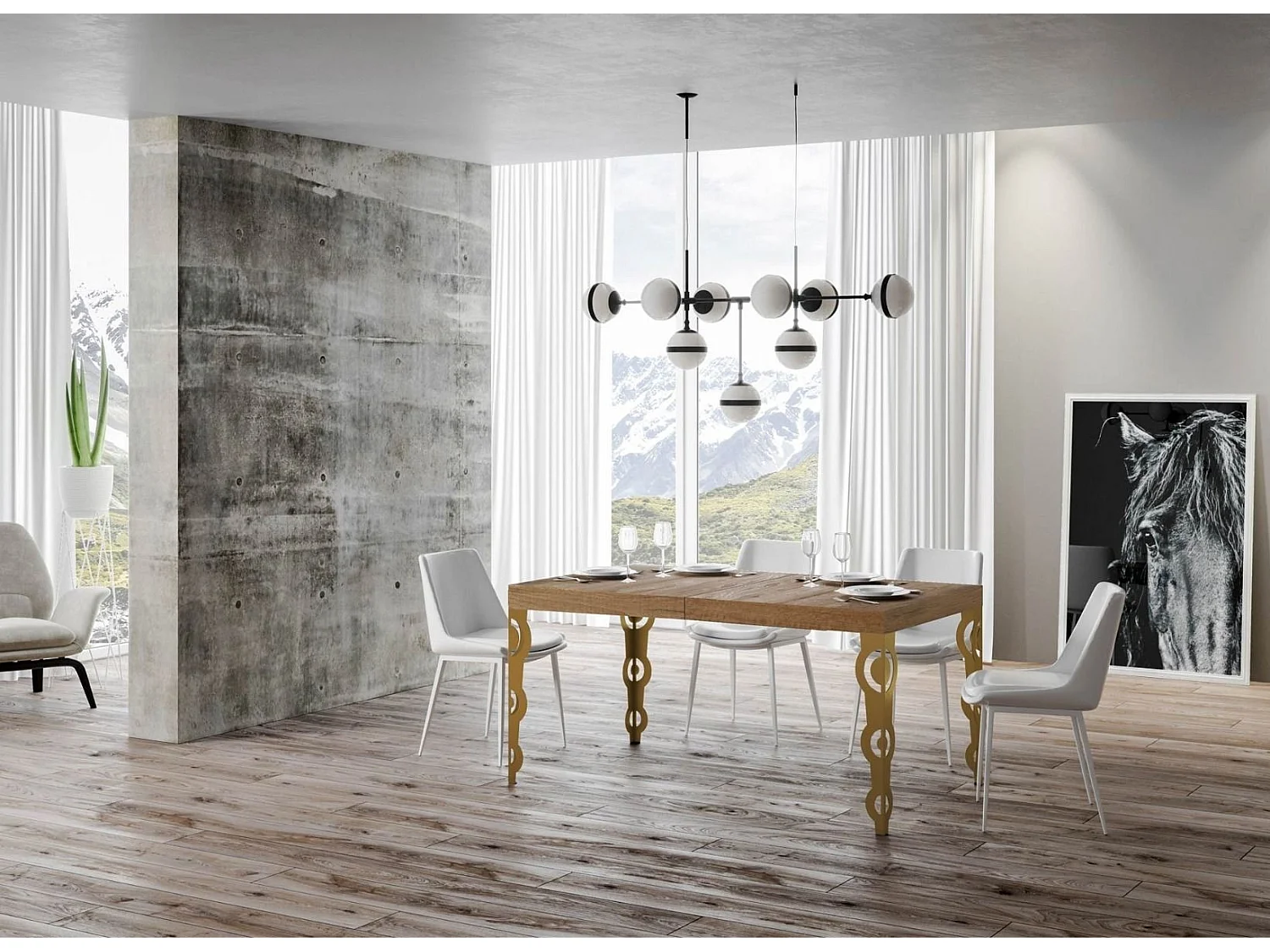 Table rectangulaire extensible orientale 6 à 10 personnes L 130 à 234cm bois clair et pieds métal doré Kazay