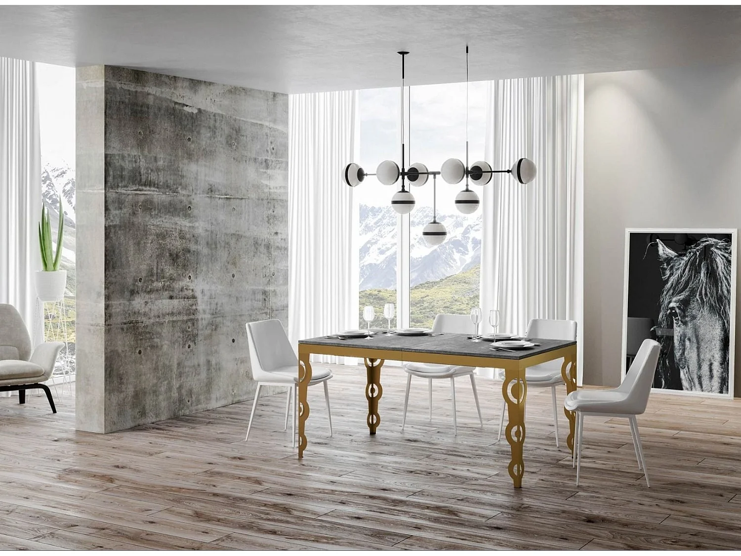 Table rectangulaire extensible orientale 6 à 20 personnes L 160 à 420cm gris béton et cadre métal doré Kazay