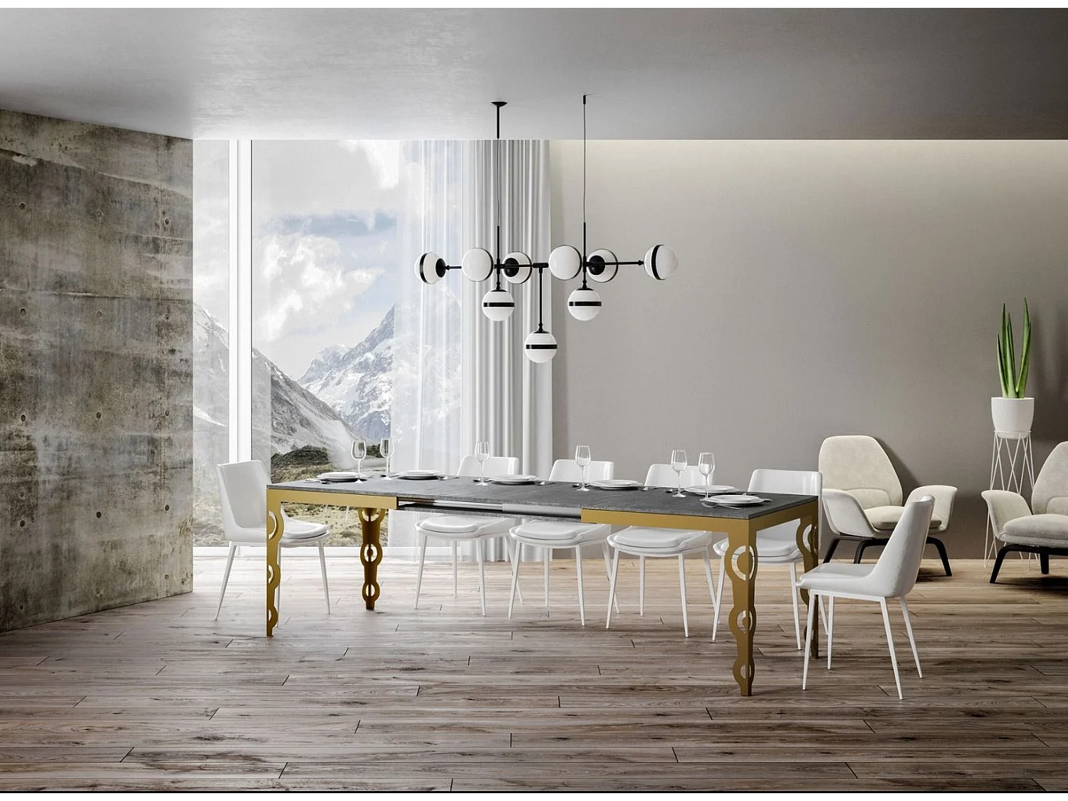 Table rectangulaire extensible orientale 6 à 20 personnes L 160 à 420cm gris béton et cadre métal doré Kazay