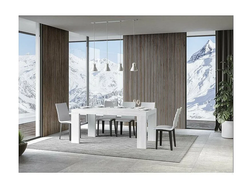 Table à manger extensible bois Ribo-Couleur Blanc-4 pieds-2 rallonges fines-160 à 264cm