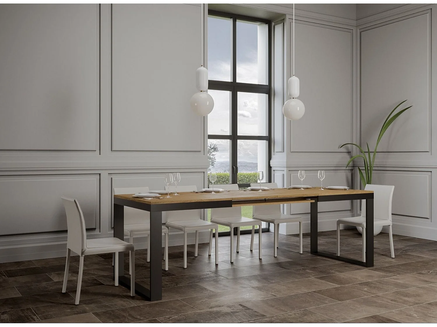 Table à manger extenible Tiroz evolution-Naturel-2 pied-180 à 284 cm