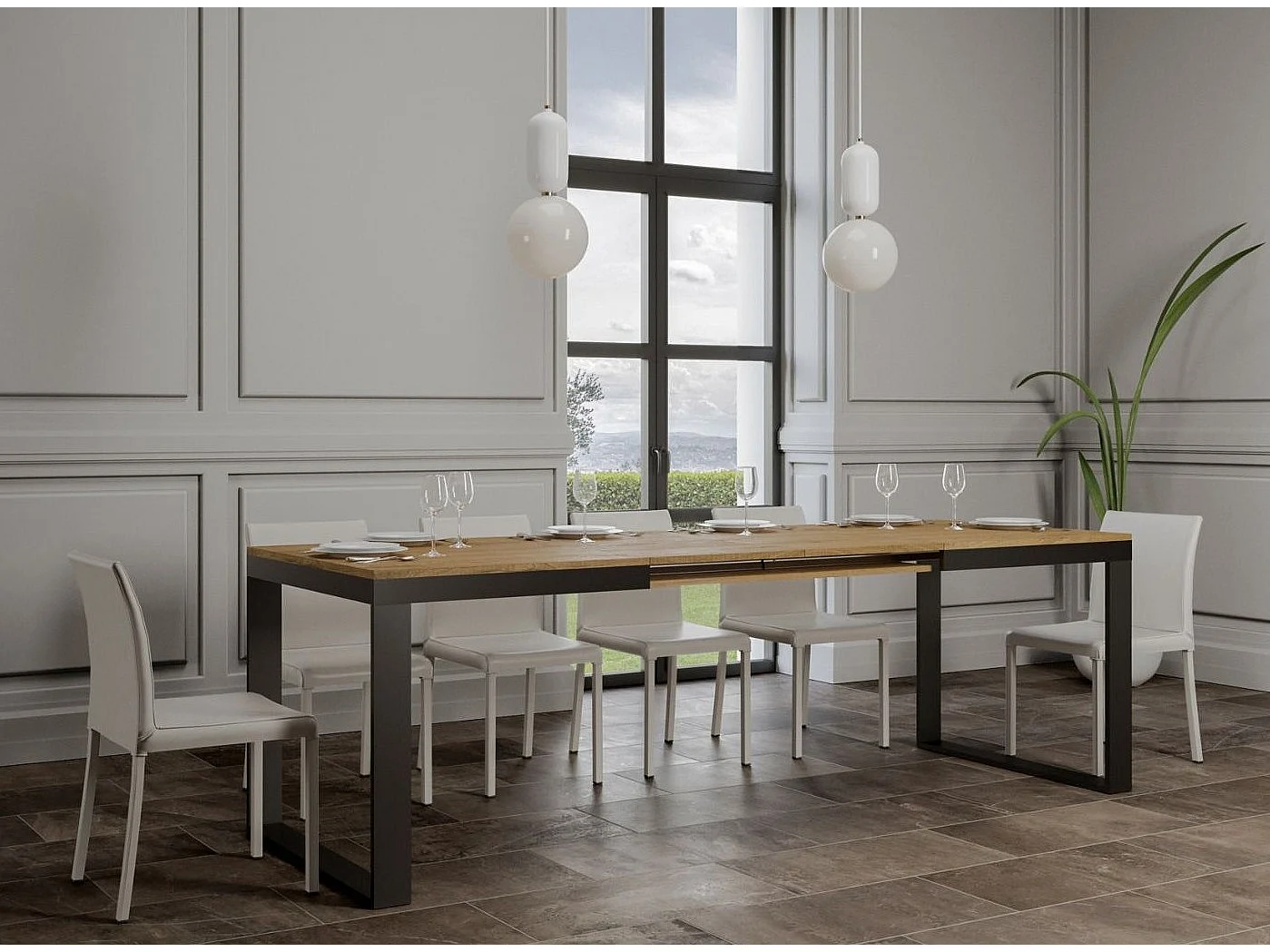 Table à manger extenible Tiroz evolution-Naturel-2 pied-180 à 284 cm