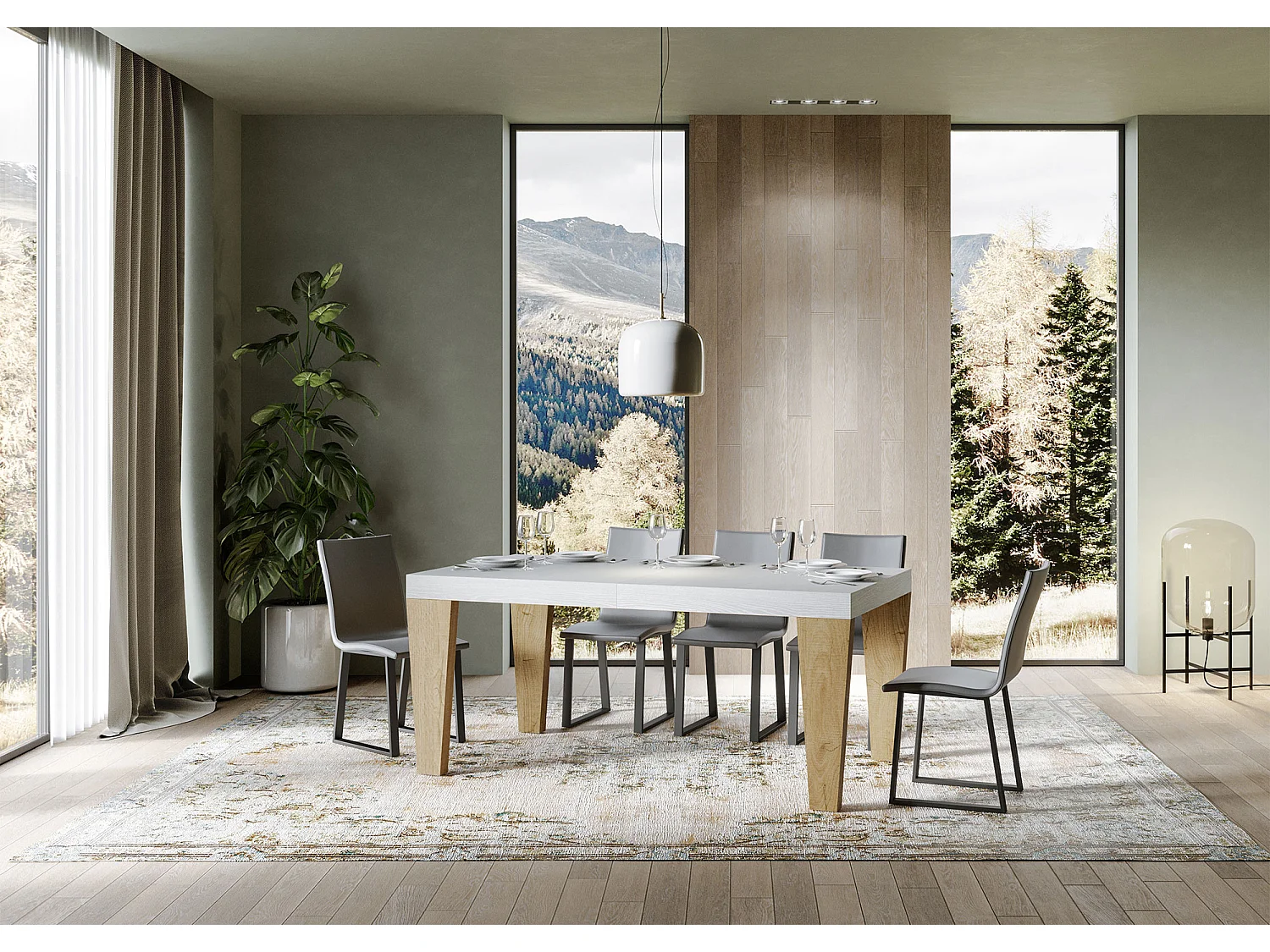 Table extensible blanche et pieds chêne naturel 6 à 20 places Kristo 180 à 440cm-Sur roulettes