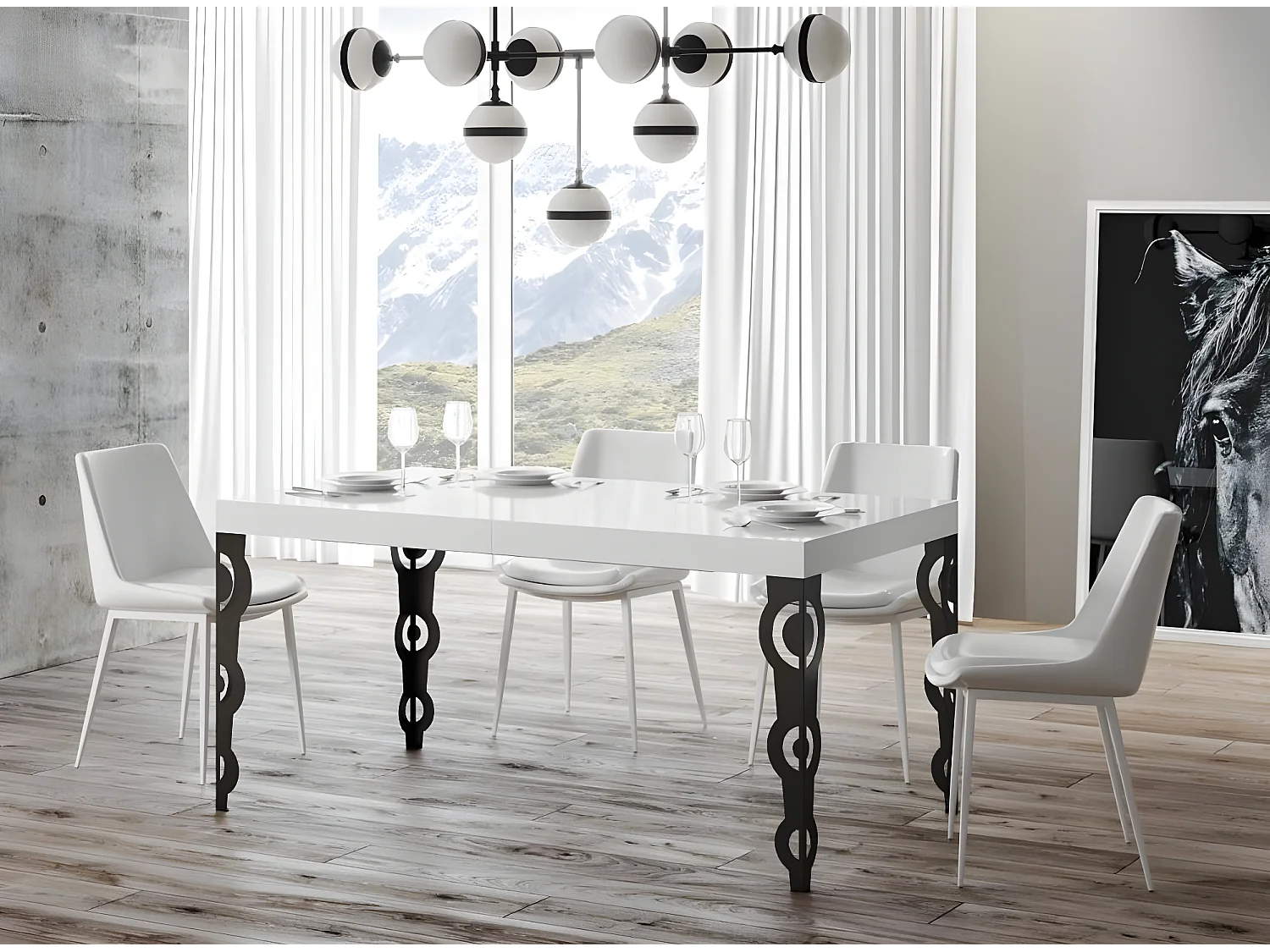 Table rectangulaire extensible orientale 6 à 14 personnes L 180 à 284cm blanc laqué et pieds métal anthracite Kazay