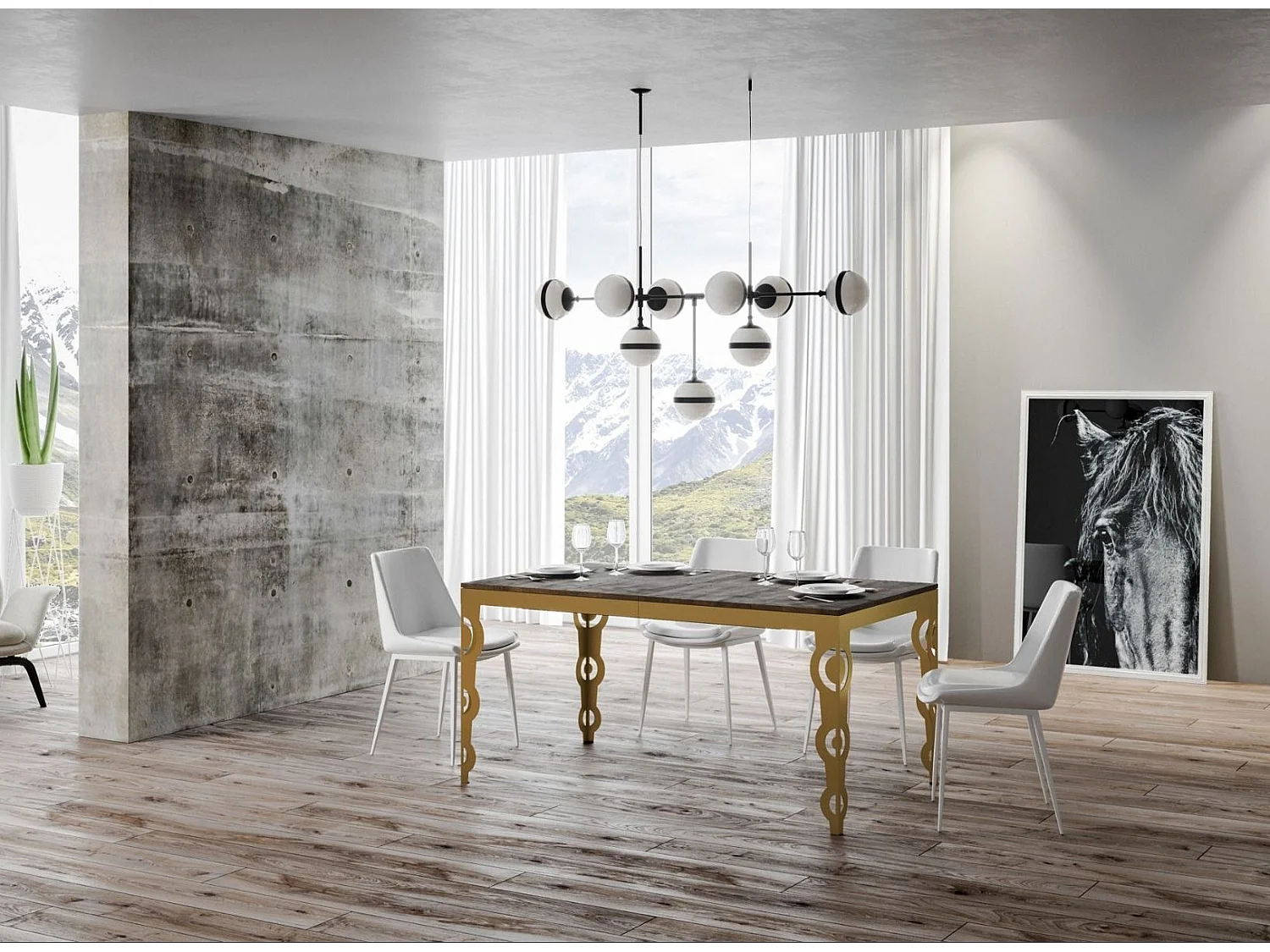 Table rectangulaire extensible orientale 6 à 20 personnes L 160 à 420cm bois foncé et cadre métal doré Kazay