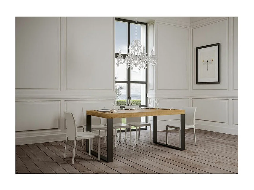 Table à manger extensible Tiroz-Couleur Naturel-Sur roulettes-5 rallonges fines-180 à 440cm