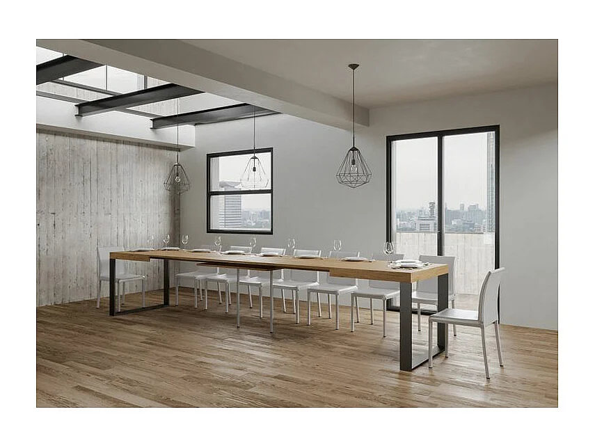 Mesa de comedor extensible tiroz-Color Natural-Base y soporte con ruedas-5 alargaderas finas-Ancho extensible