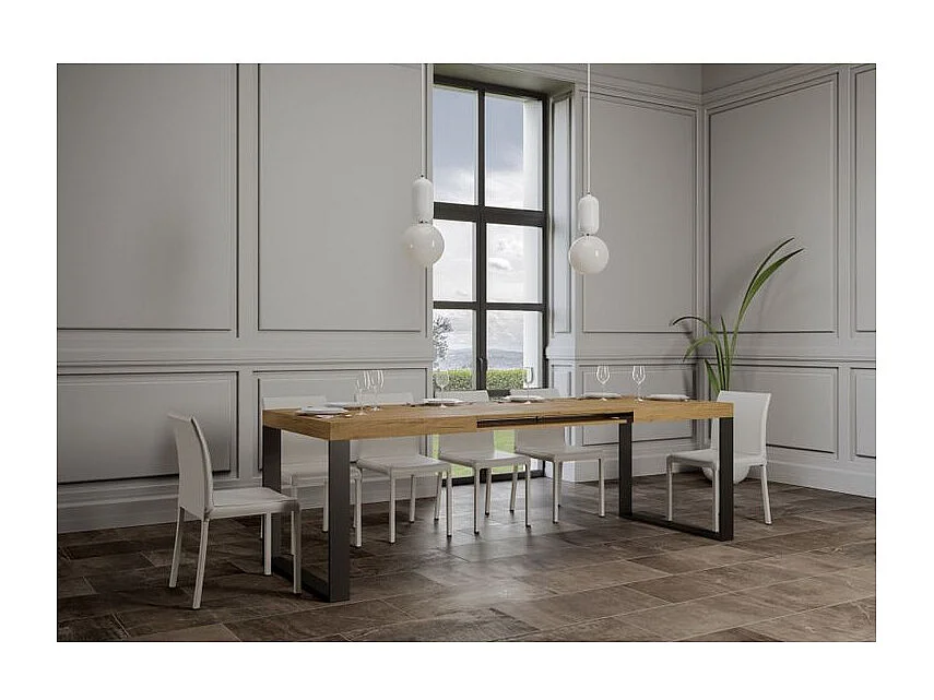 Table à manger extensible Tiroz-Couleur Naturel-Sur roulettes-5 rallonges fines-180 à 440cm
