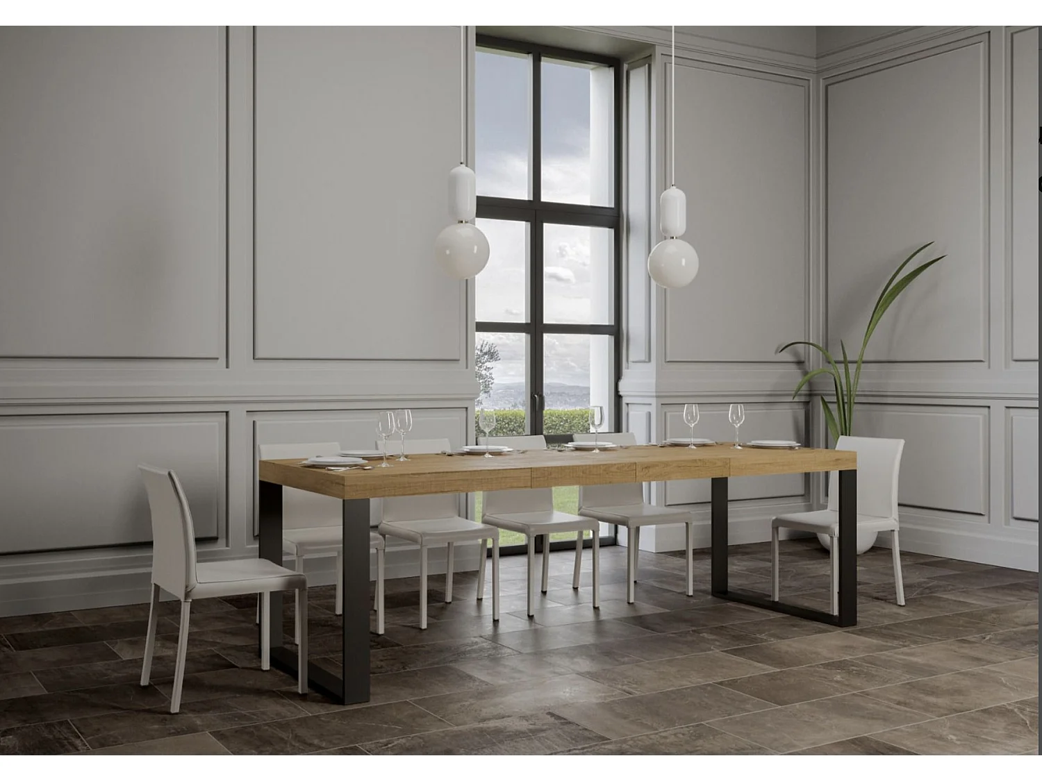 Table à manger extensible Tiroz-Couleur Naturel-Sur roulettes-5 rallonges fines-180 à 440cm