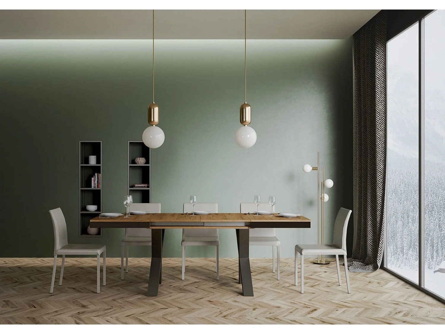 Table extensible 6 à 16 places L120 à 380cm bois clair et cadre métal gris foncé Tsara-4 pieds