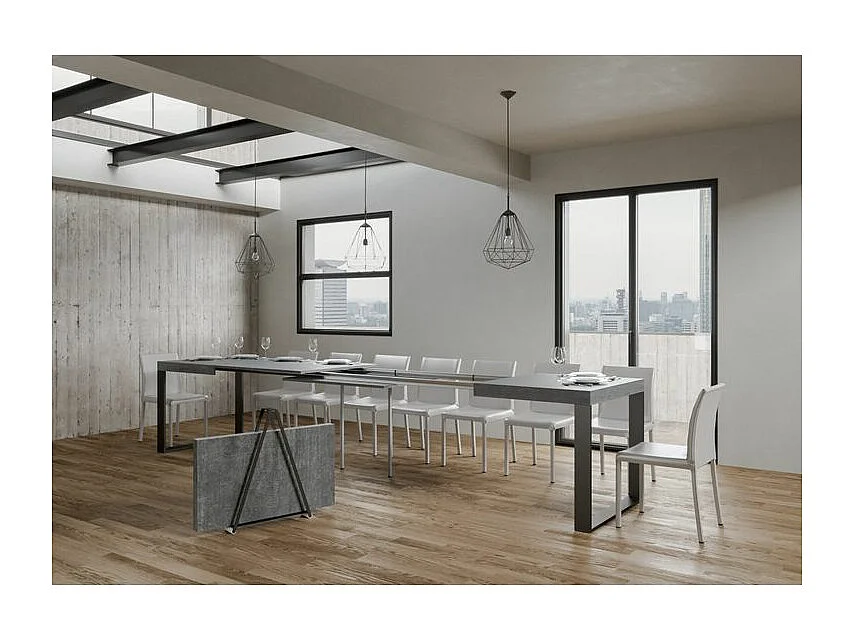Mesa de comedor extensible tiroz-Color Gris cemento-Base y soporte con ruedas-5 alargaderas finas-Ancho extensible