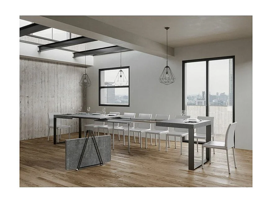 Mesa de comedor extensible tiroz-Color Gris cemento-Base y soporte con ruedas-5 alargaderas finas-Ancho extensible