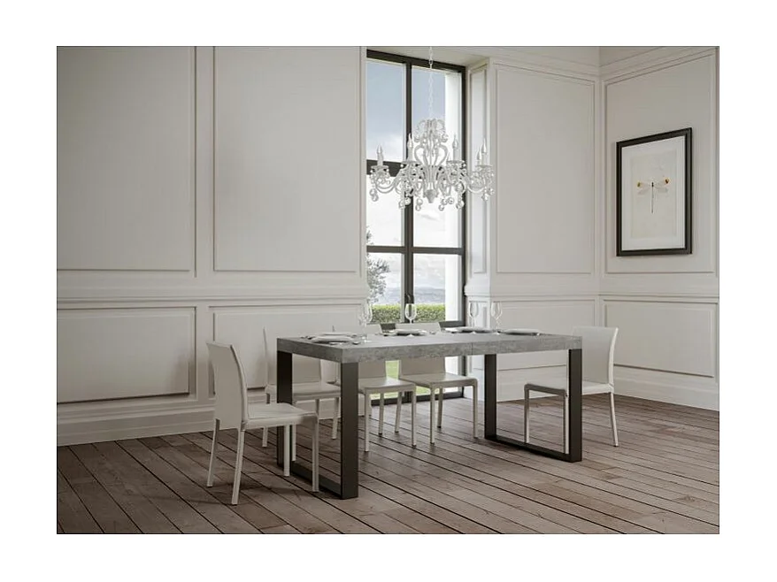 Mesa de comedor extensible tiroz-Color Gris cemento-Base y soporte con ruedas-5 alargaderas finas-Ancho extensible