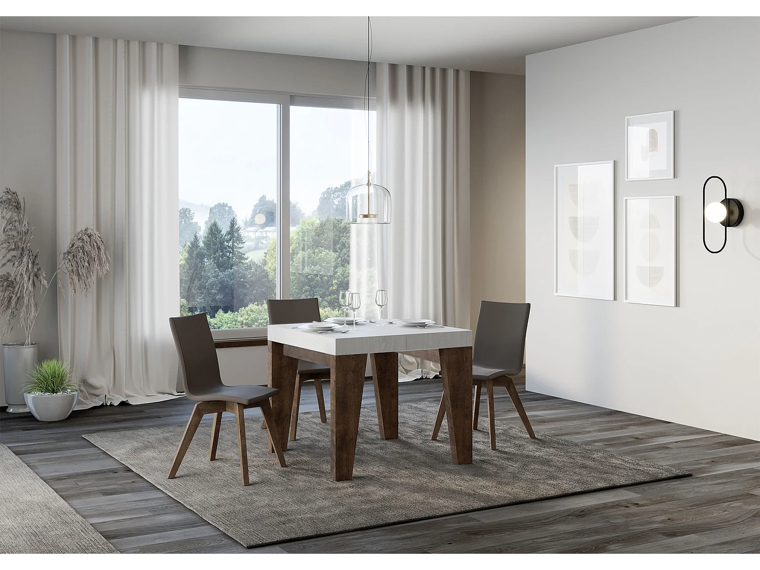 Kleine vierkante uitschuifbare tafel in wit hout en walnoot 90 tot 246 cm Naxo-Steun 4 voet