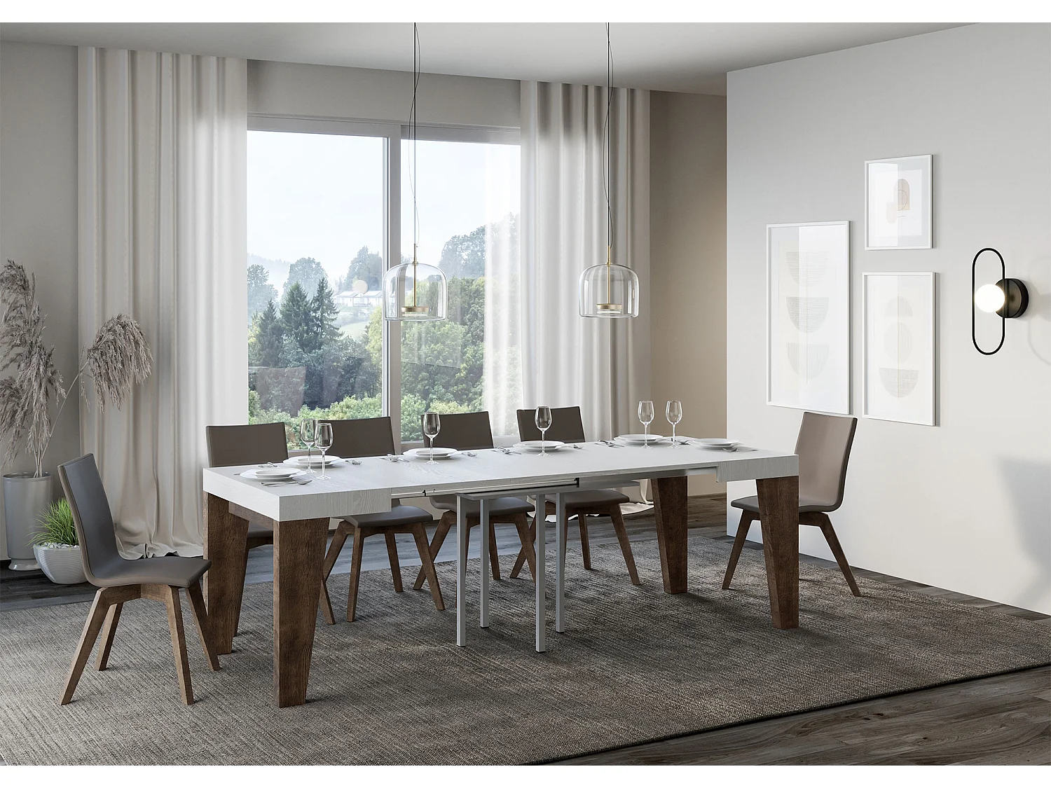 Petite table carrée extensible bois blanc et noyer 90 à 246cm Naxo-4 pieds