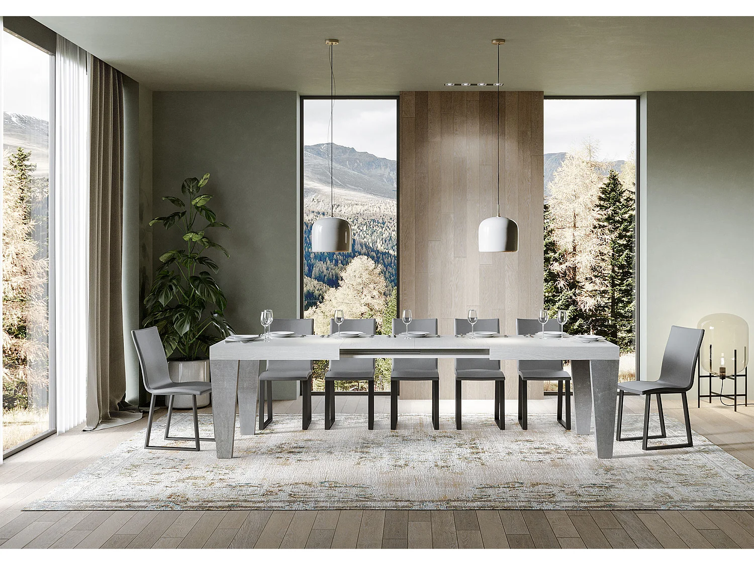 Table extensible blanche et pieds bois gris béton 6 à 20 places Kristo 180 à 440cm-Sur roulettes