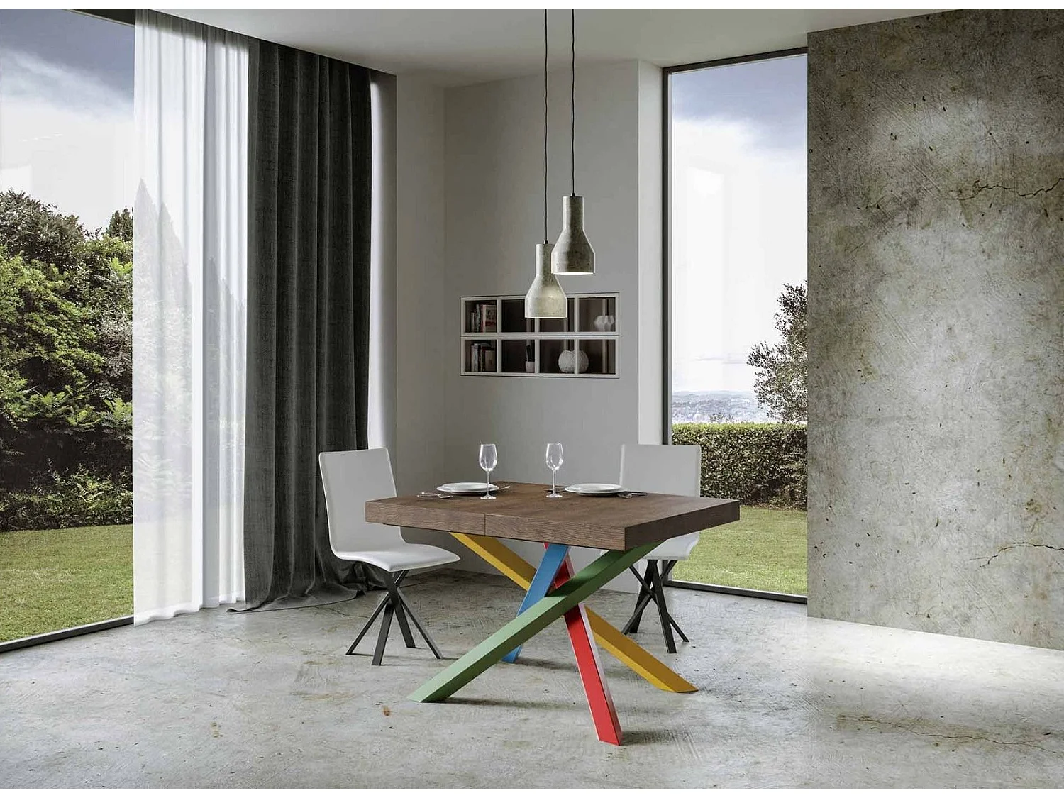 Table extensible design avec pieds entrelacés multicouleurs Artemis-Couleur Marron-130 à 234cm
