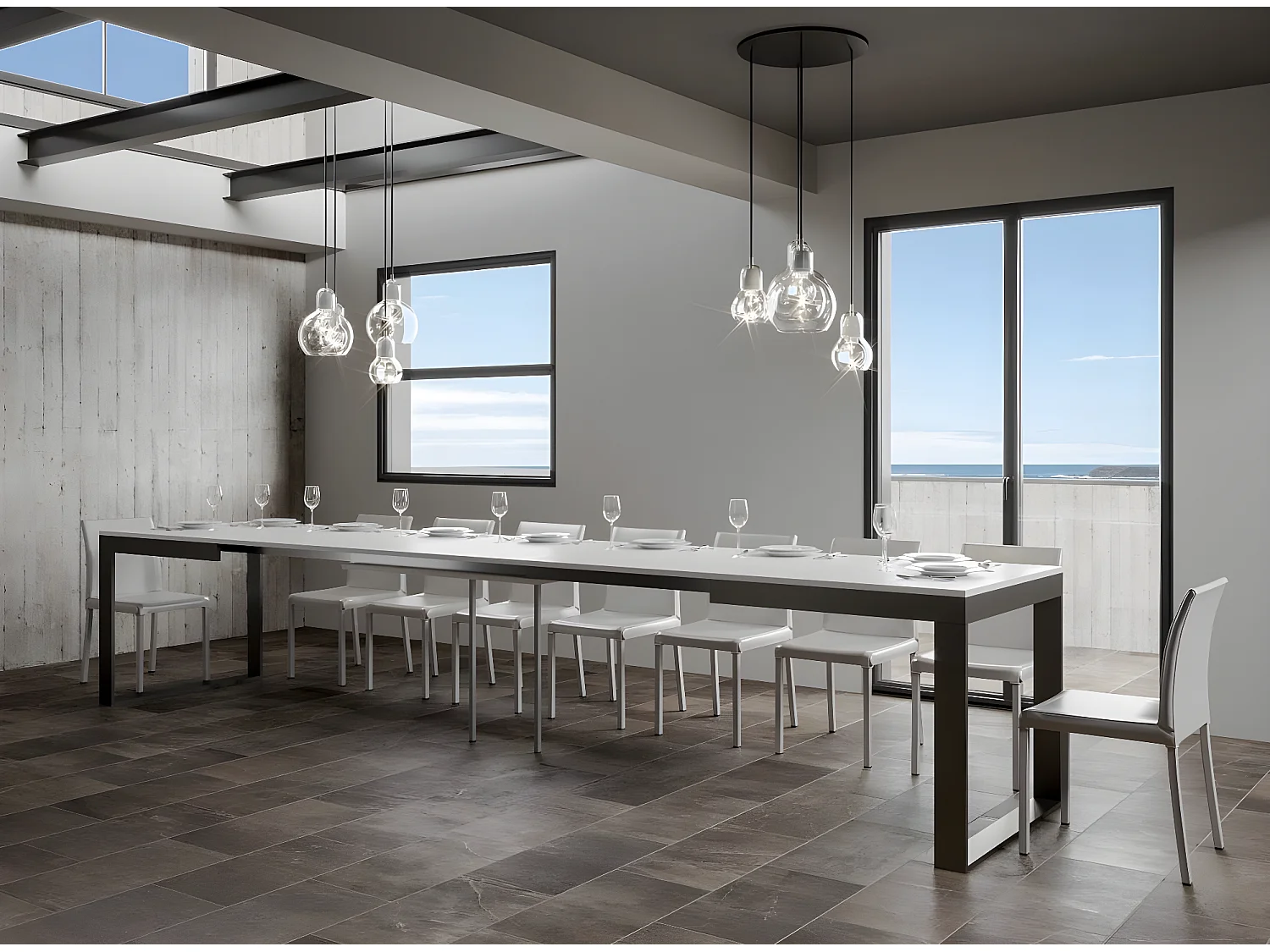 Table extensible 180 à 440cm blanche et métal anthracite Likro-Support 4 pieds