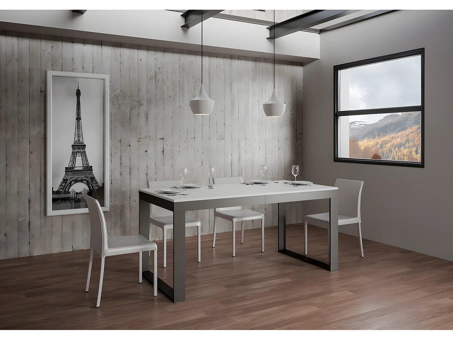 Table extensible 180 à 440cm blanche et métal anthracite Likro-Support 4 pieds