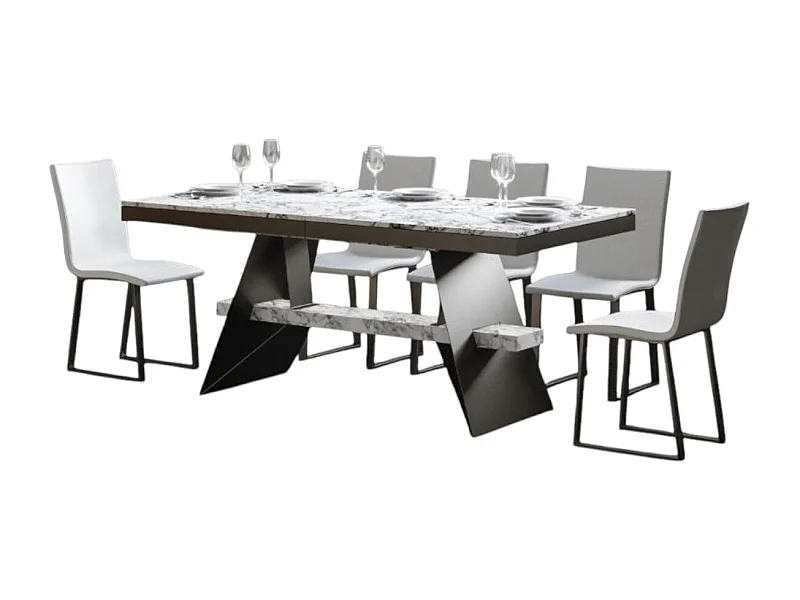 Table à rallonges effet marbre blanc et pieds métal gris 6 à 12 places L 160 à 264cm Bary