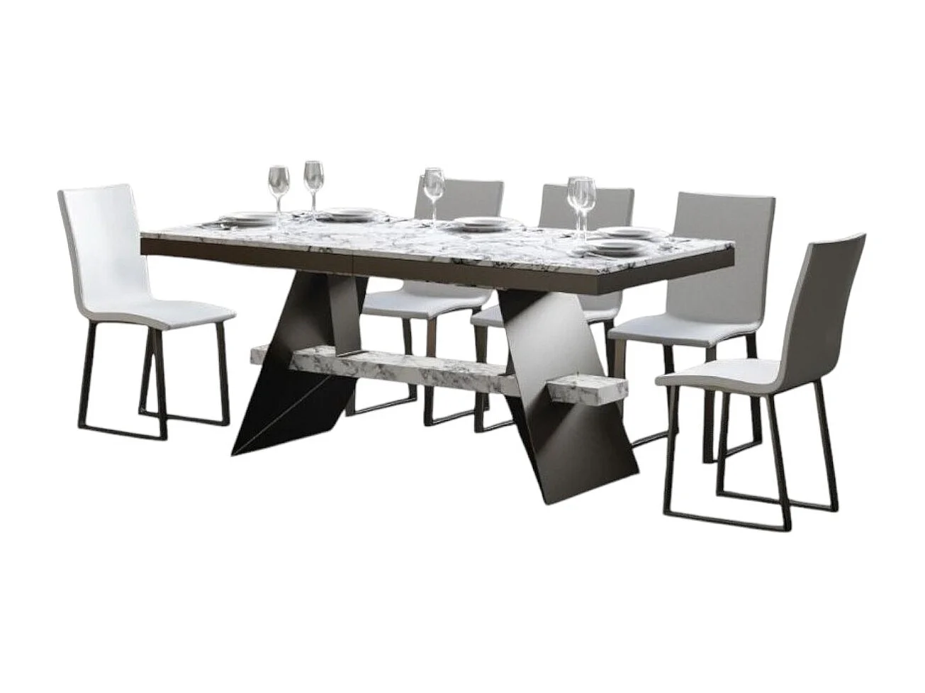 Table à rallonges effet marbre blanc et pieds métal gris 6 à 12 places L 160 à 264cm Bary