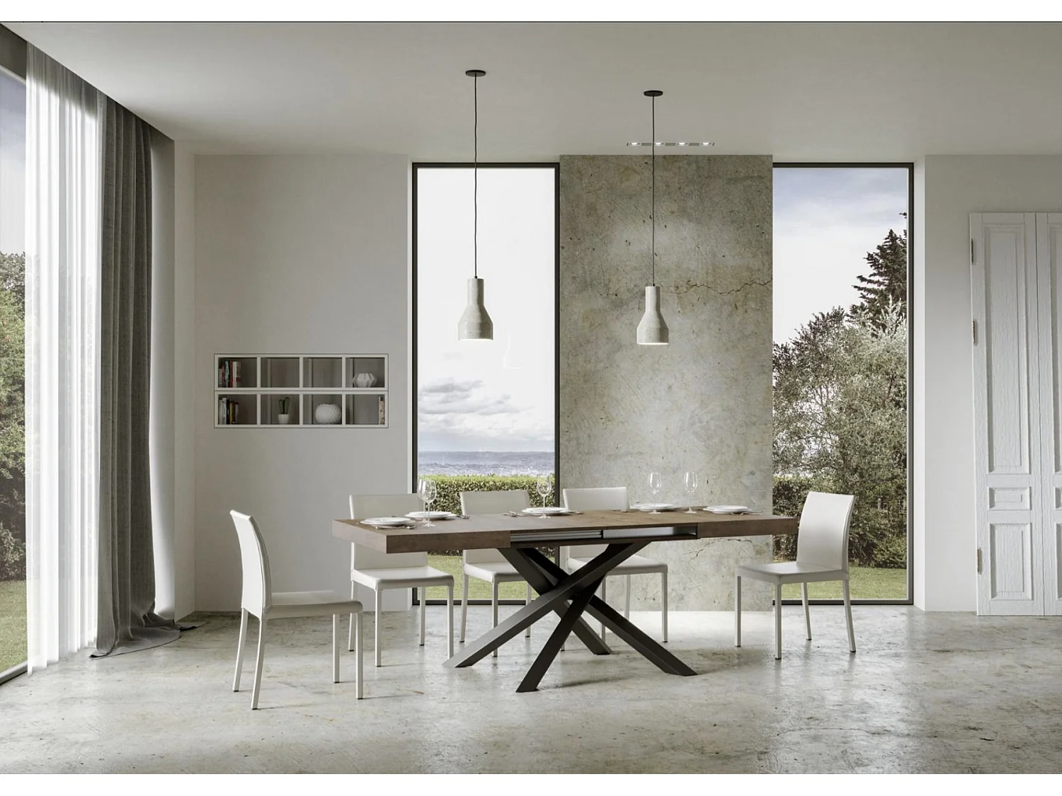 Table extensible pieds entrelacés anthracite Artemis-Couleur Marron-5 rallonges fines-130 à 390cm