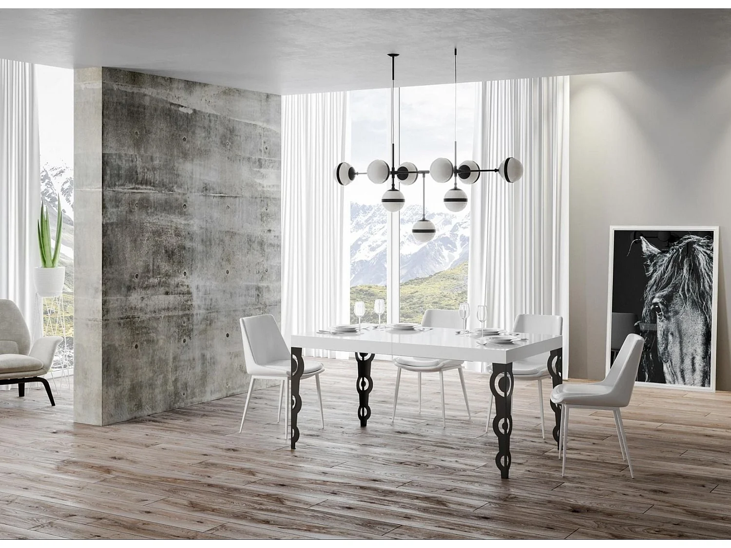 Table rectangulaire extensible orientale 6 à 20 personnes L 180 à 440cm blanc laqué et pieds métal anthracite Kazay