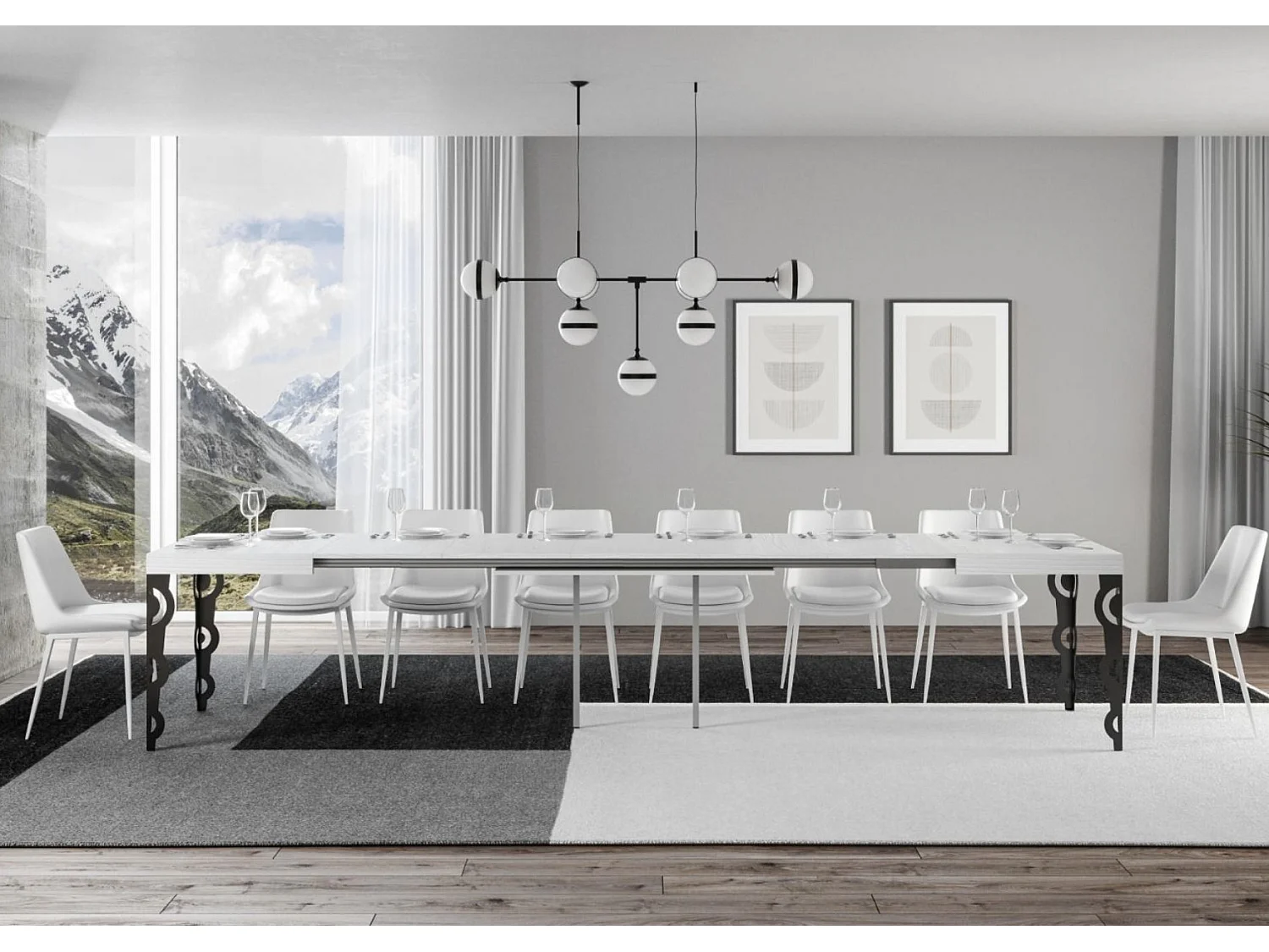 Table rectangulaire extensible orientale 6 à 20 personnes L 180 à 440cm blanc laqué et pieds métal anthracite Kazay