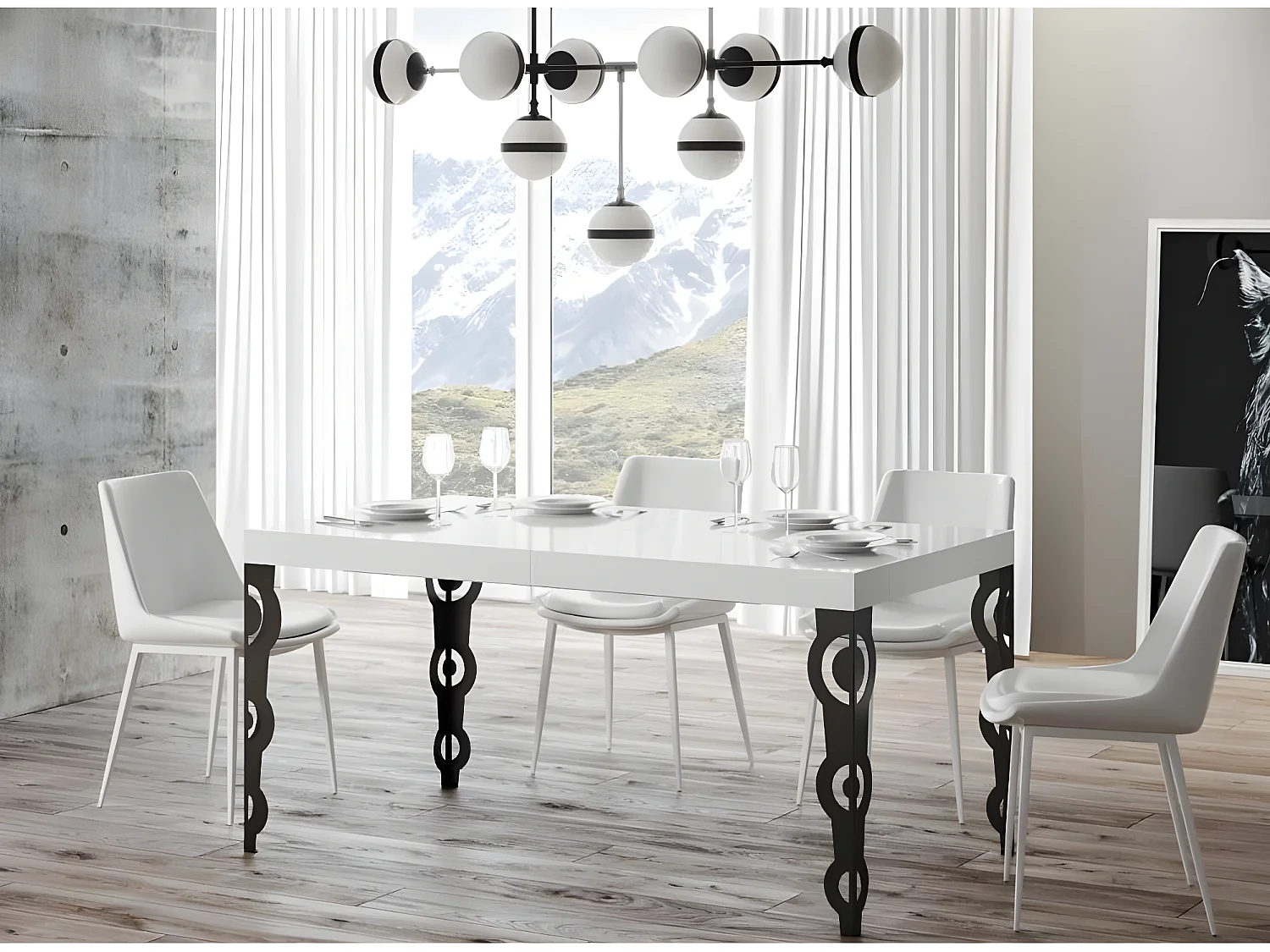 Table rectangulaire extensible orientale 6 à 20 personnes L 180 à 440cm blanc laqué et pieds métal anthracite Kazay