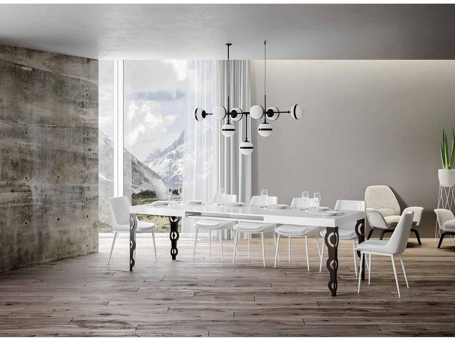 Table rectangulaire extensible orientale 6 à 20 personnes L 180 à 440cm blanc laqué et pieds métal anthracite Kazay