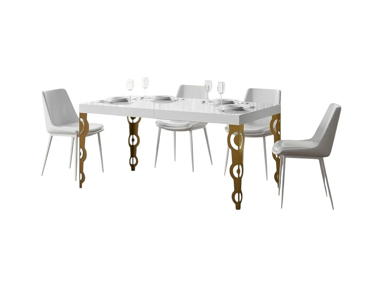 Table rectangulaire extensible orientale 6 à 20 personnes L 160 à 420cm blanc brillant et pieds métal doré Kazay