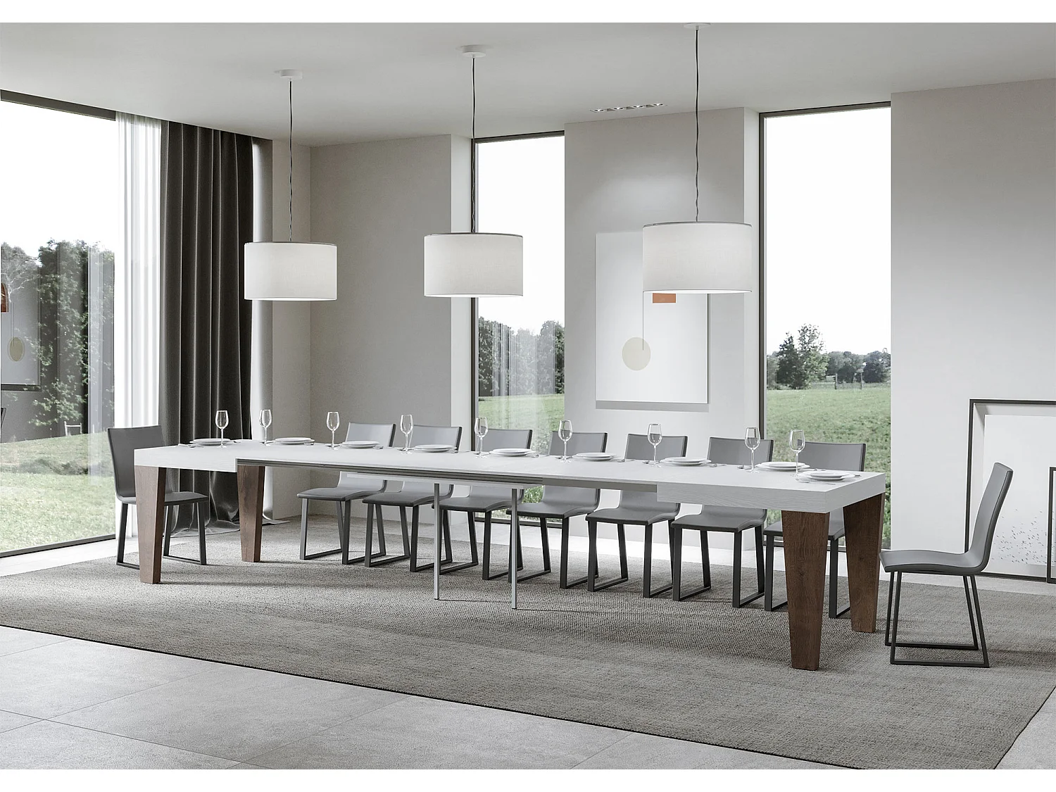 Table extensible blanche et pieds bois noyer 6 à 20 places Kristo 180 à 440cm-4 pieds