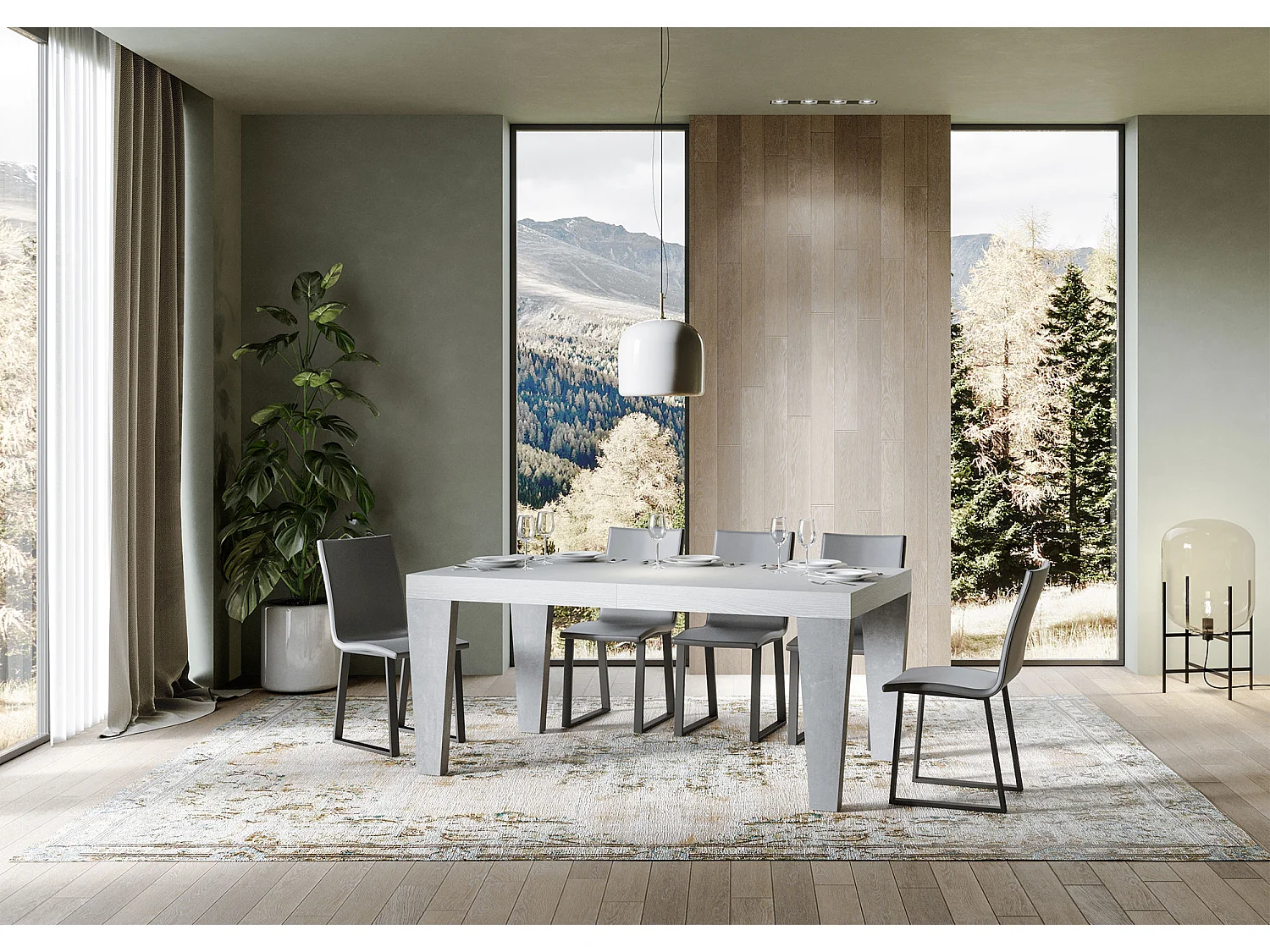 Table extensible blanche et pieds gris béton 6 à 12 personnes Kristo L 180 à 284cm-Sur roulettes