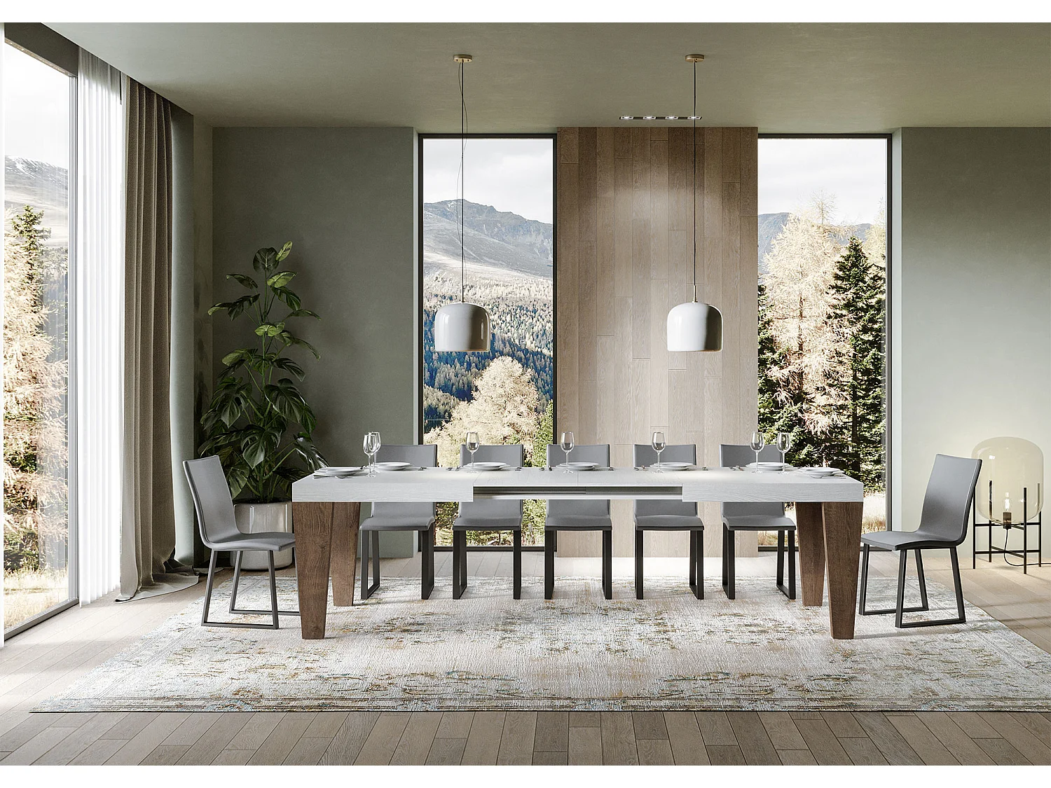 Table extensible blanche et pieds bois noyer 6 à 12 personnes Kristo L 180 à 284cm-Sur roulettes