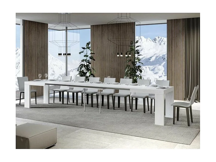 Rechthoekige uitschuifbare tafel 180 tot 440 cm witte essen Ribo-Voet en steun op zwenkwielen