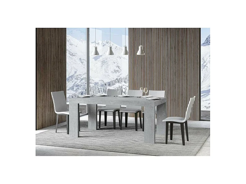 Table à manger extensible bois Ribo-Couleur Gris ciment-Sur roulettes-2 rallonges fines-160 à 264cm