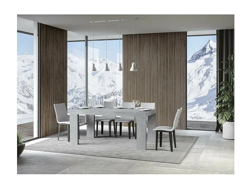 Table à manger extensible bois Ribo-Couleur Gris ciment-Sur roulettes-2 rallonges fines-160 à 264cm