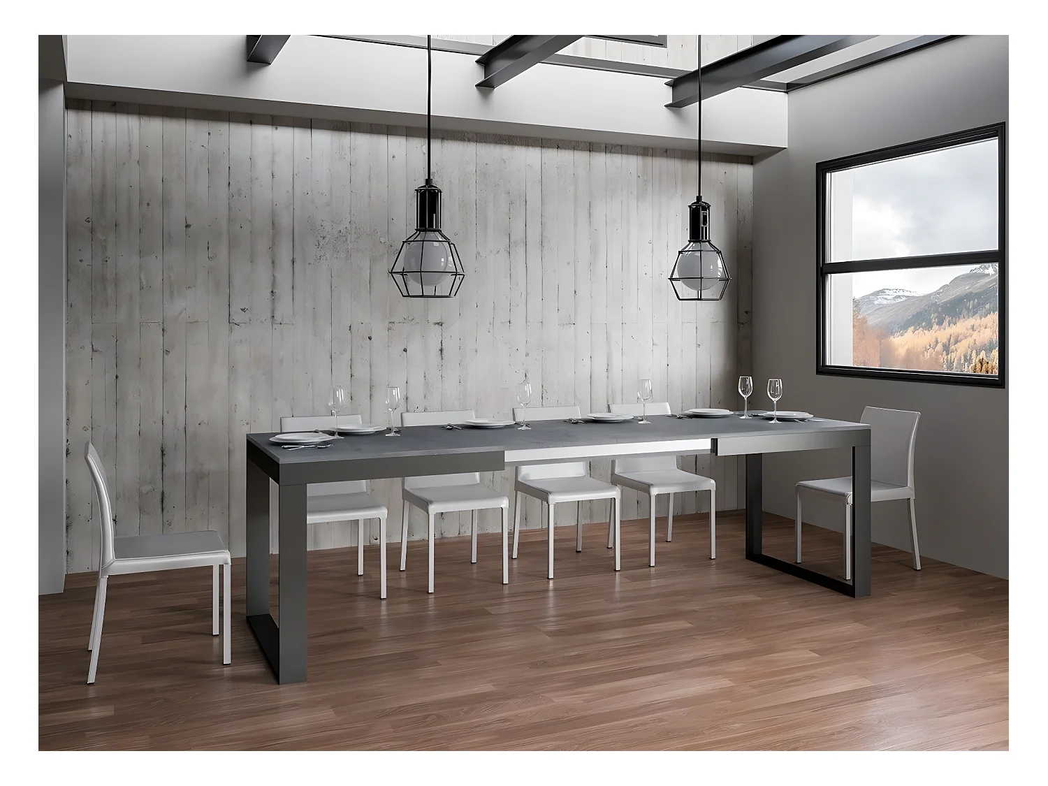 Table extensible 180 à 284cm gris béton et métal anthracite Likro