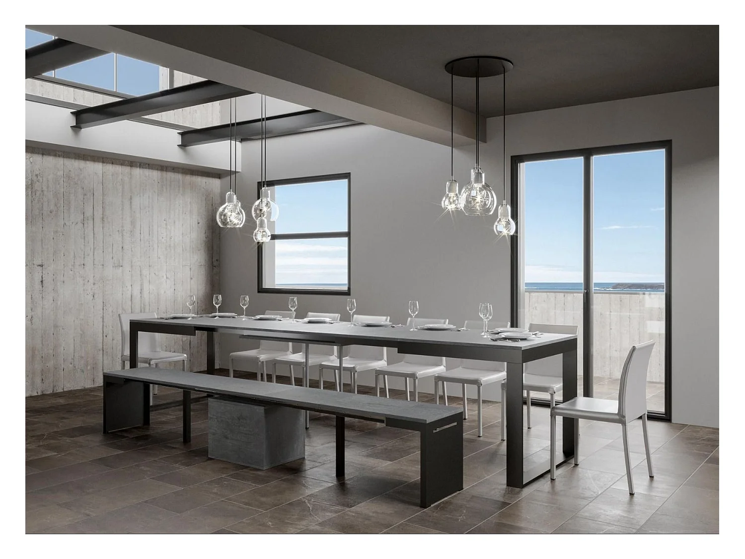 Table extensible 180 à 284cm gris béton et métal anthracite Likro