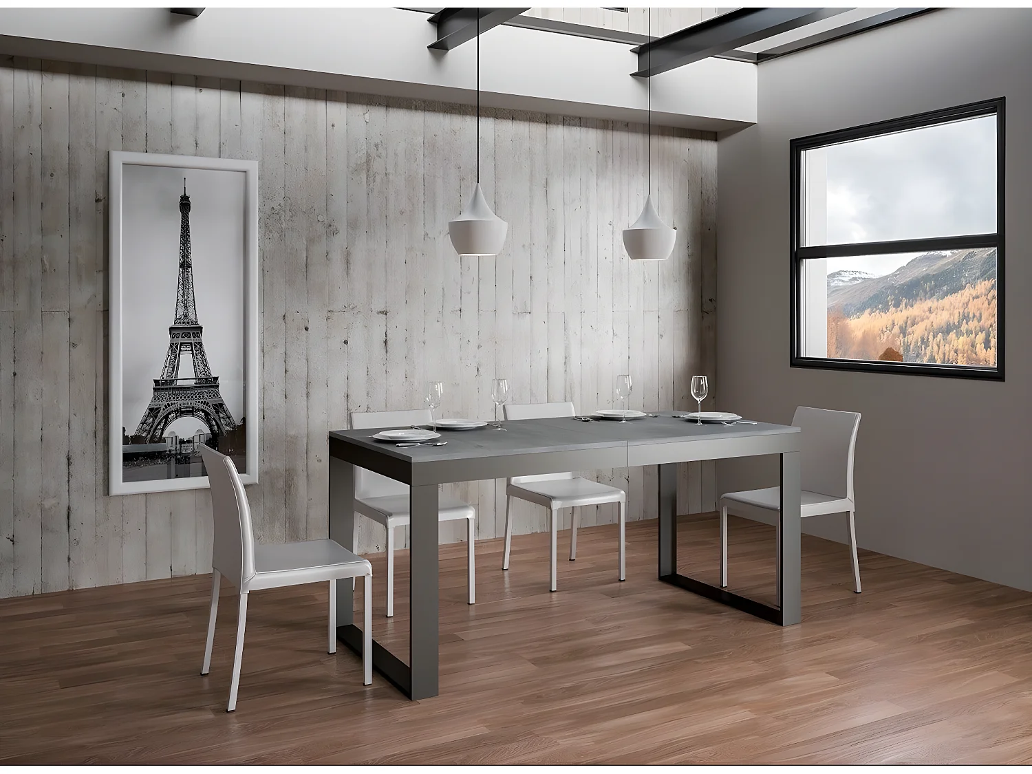 Table extensible 180 à 284cm gris béton et métal anthracite Likro