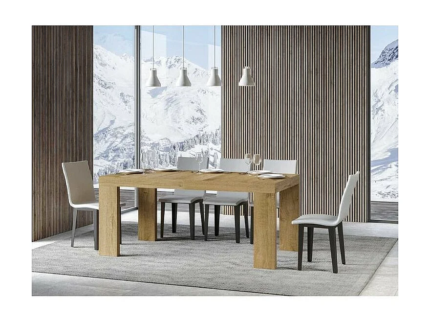 Mesa de comedor extensible de madera Ribo-Color Natural-Soporte 4 pies-5 alargaderas finas-Ancho extensible