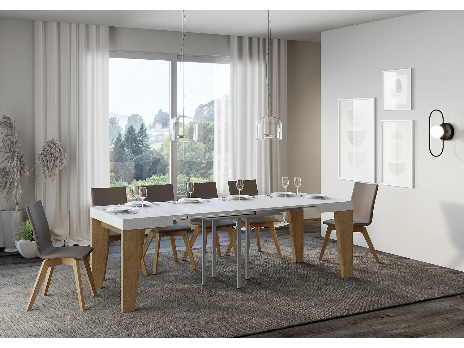 Mesa extensible cuadrada pequeña en madera blanca y roble natural de 90 a 246 cm Naxo-Soporte 4 pies