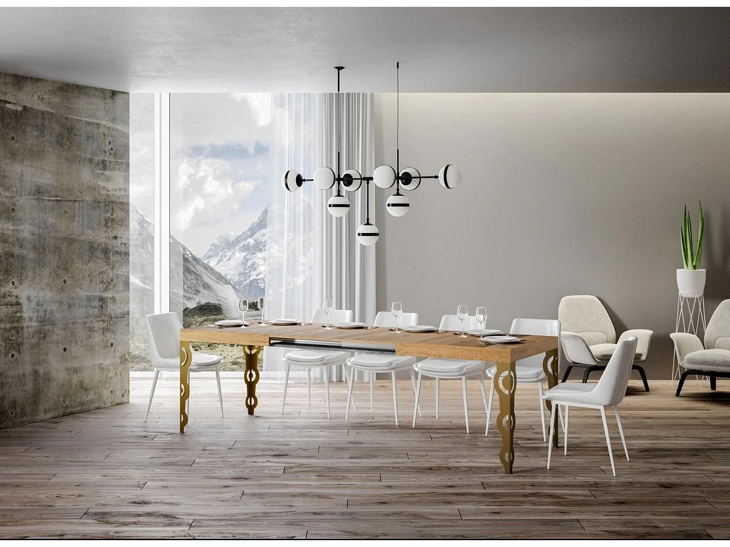 Table rectangulaire extensible orientale 6 à 14 personnes L 180 à 284cm bois clair et pieds métal doré Kazay